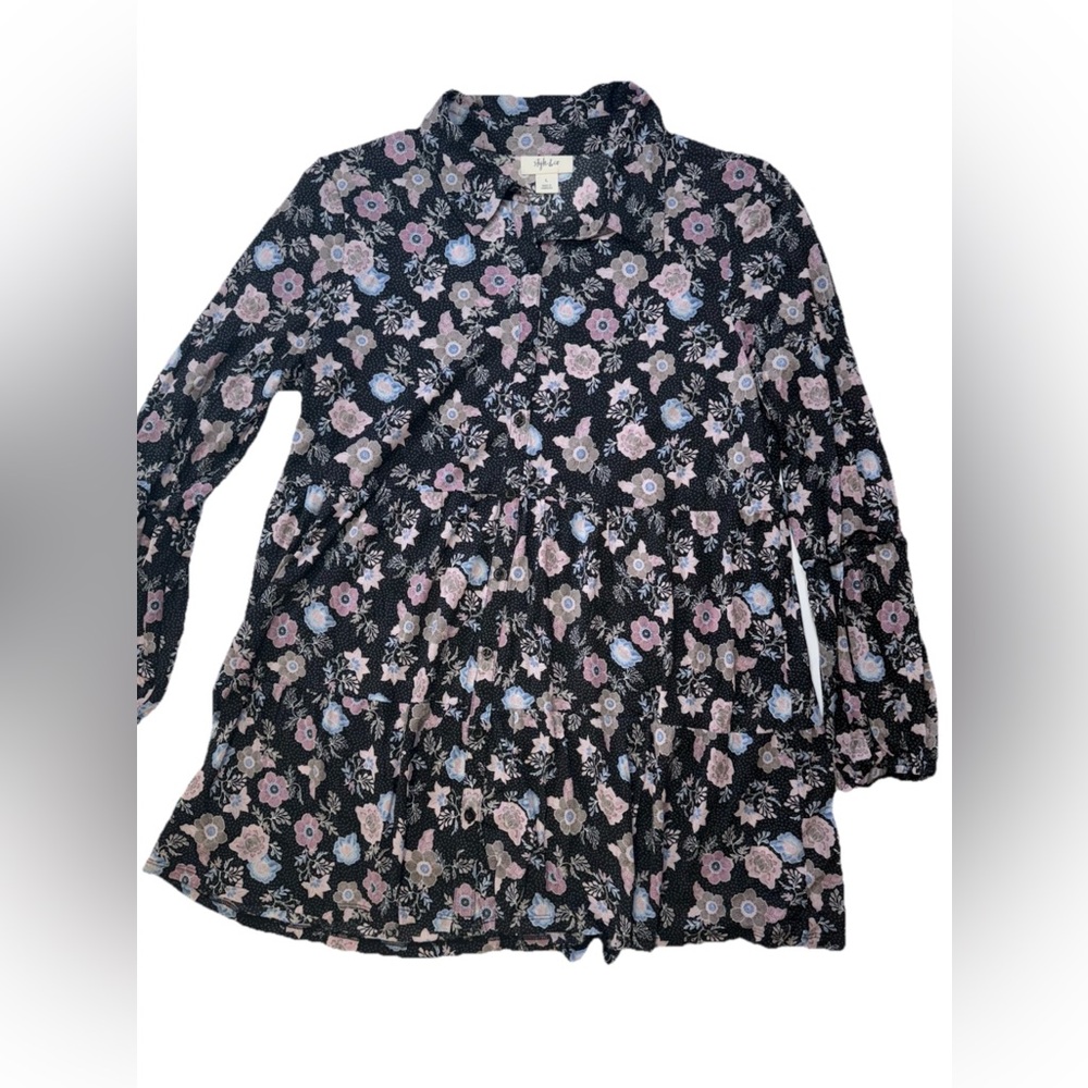 Floral Button-Up Tunic Long-Sleeve Blouse